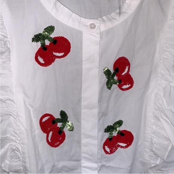 Anthropologie Dhruv Kapoor Cherries Sequin
Sleeveless Ruffled Button Blouse Top - Picture 5 of 9